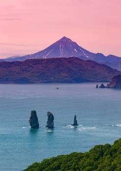 The Three Brothers Rocks in Avacha Bay. Kamchatka Peninsula