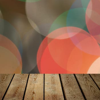 The background is an empty wooden board and a wall of blurred bokeh lights. For product demonstrations, free space, layout, mockup, perspective board, background board.