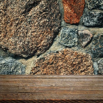 The background is blank wooden boards and a textured stone wall with lighting and vignetting. For product demonstrations, free space, layout, mockup, perspective board, background board.