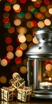Christmas composition: a lantern with candles, bright shiny boxes with gifts, blurred bokeh lights in the background.