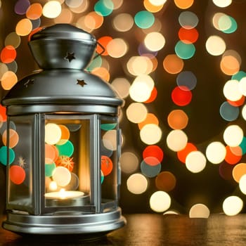 Christmas composition: a lantern with candles, and blurred bokeh lights in the background.