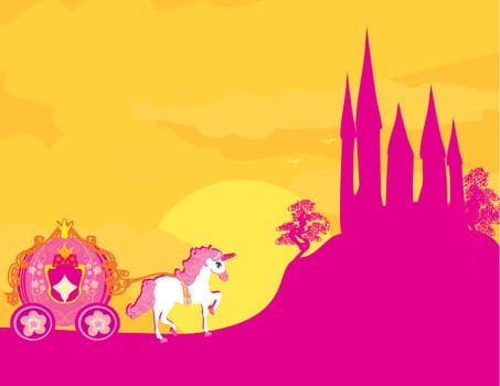 Carriage at sunset. Silhouette of a horse carriage and a medieval castle