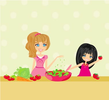 Two smiling kids mixing salad