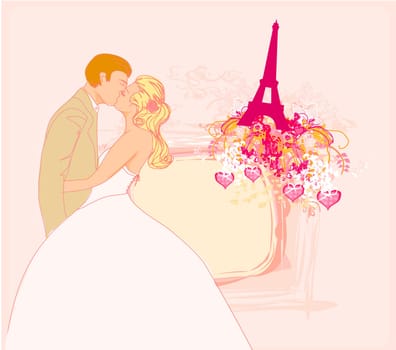Romantic couple in Paris kissing near the Eiffel Tower