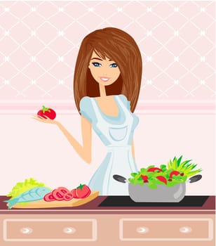 Beautiful Young Woman cooking fresh Vegetables.Dieting Concept.Vegetarian food