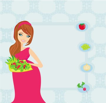 pregnant girl with a plate of salad in a hand.