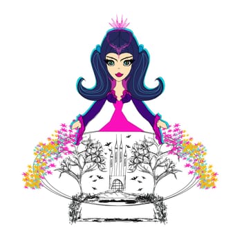 Young beautiful witch with crystal ball.