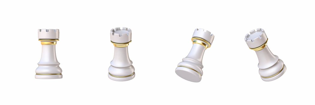 White chess Rook in four different angled views 3D rendering illustration isolated on white background