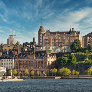 View from City Hall overlooking Riddarholmshamnen Island, with famous buildings, Stockholm, Sweden