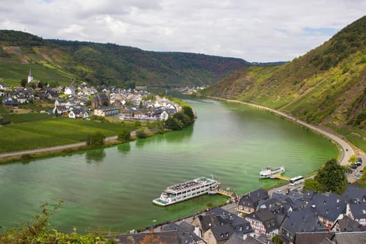 Aerial view of the Moselle valley with vineyards, the river Moselle and the villages Ellenz-Poltersdorf,  seen from castle Metternich in Beilstein, Rhineland-Palatinate, Germany.