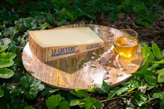July 11 2022, Lyon, France : Switzerland cheese : Le Gruyère AOP swiss and honey cup, famous swiss cheese in a natural background