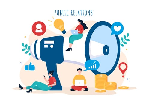 Public Relations Template Hand Drawn Cartoon Flat Illustration with Team for Idea of Marketing Campaign Through Mass Media to Advertise your Business