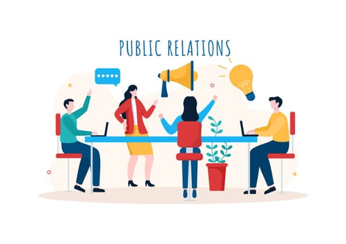Public Relations Template Hand Drawn Cartoon Flat Illustration with Team for Idea of Marketing Campaign Through Mass Media to Advertise your Business