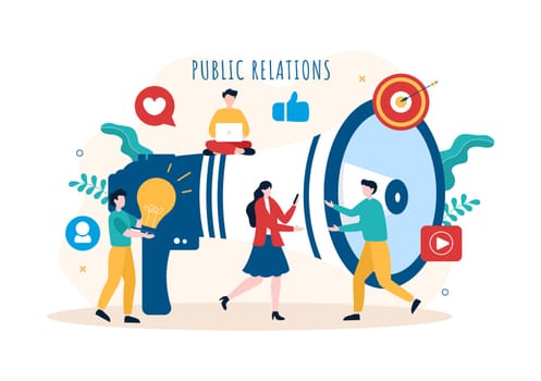 Public Relations Template Hand Drawn Cartoon Flat Illustration with Team for Idea of Marketing Campaign Through Mass Media to Advertise your Business