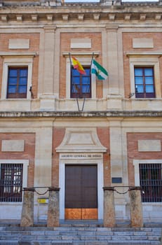 General Archive of Indies building main entrance, Seville, Spain. Repository of valuable archival documents of the Spanish Empire in the Americas and the Philippines
