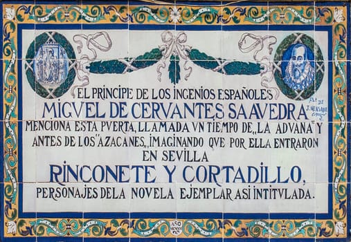 Seville, Spain - Sept 27th, 2020: Miguel de Cervantes Saavedra memorial plaque, about Rinconete y Cortadillo novel, Seville, Spain