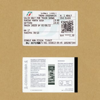 TURIN, ITALY - CIRCA AUGUST 2022: Trenitalia train tickets