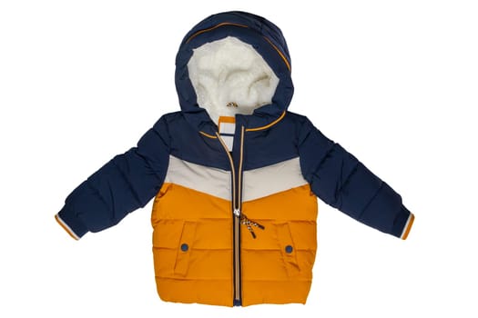 Winter jacket isolated. Stylish blue yellow cosy warm winter down jacket for kids isolated on a white background. Clipping path.Fashionable clothing for spring and autumn.