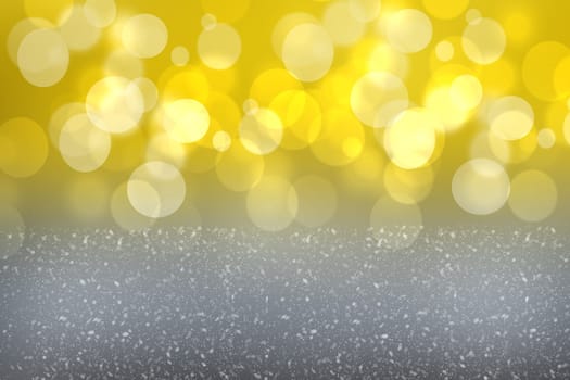 Festive yellow gray silver glitter bright abstract bokeh with circles. Template for your product display montage. Beautiful texture.