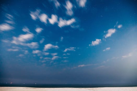 Goa, India. Real Night Sky Stars. Natural Starry Sky In Blue Color Above  Indian Ocean Sea Seascape Beach Copast. Background.