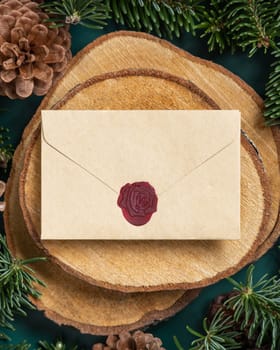 Blank sealed envelope on wooden piece between fir branches and pine cones on green top view, mockup. Christmas or New Year greeting card template, Holiday winter composition
