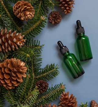 Green Pipette Dropper Bottles near fir branches and pine cones on blue top view. Brand packaging mockup. Skincare beauty product, cream or serum. Healthcare natural cosmetics concept