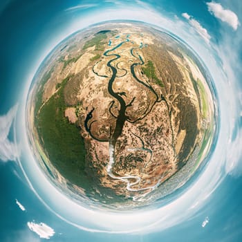 Aerial View Green Forest Woods And River Landscape In Sunny Spring Day. Top View Of Beautiful European Nature From High Attitude. Drone View. Bird's Eye View. Little Small Planet Concept.