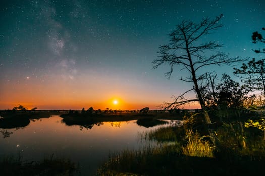 Lake Nature Landscape. Night Starry Sky Milky Way Galaxy With Glowing Stars And Moon. Nature Hyperlapse. Night Sky Reflection In Water.