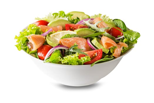 Fresh green lettuce salad with smoked salmon, cherry tomatoes and avocado isolated on white background