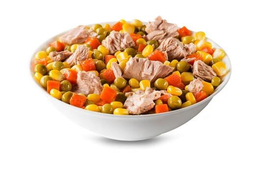 Healthy tuna salad with corn, carrot and pea isolated on white background. Mexican corn salad.