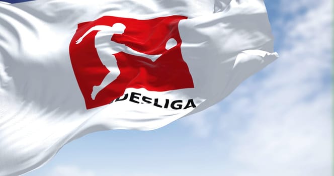 Munich, GER, July 2022: Close-up of the Bundesliga flag waving in the wind. Bundesliga is a professional association football league in Germany. Illustrative editorial