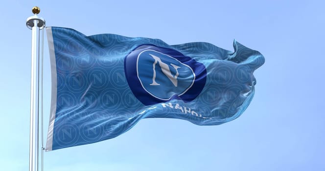 Naples, Italy, July 2022: The flag of SSC Napoli waving. SSC Napoli is a professional football club based in Naples, Italy.