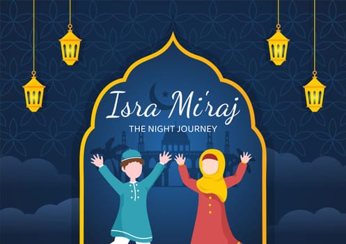 Happy Isra Miraj Nabi Muhammad SAW Template Hand Drawn Cartoon Flat Illustration Suitable for Greeting Card, Poster and Banner