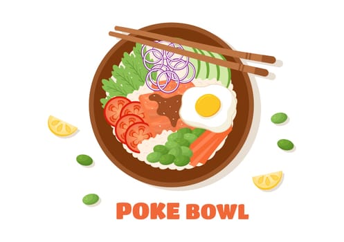 Hawaiian Dish Poke Bowl Food Template Hand Drawn Cartoon Flat Illustration with Rice, Tuna, Fresh Fish, Egg and Vegetables Design
