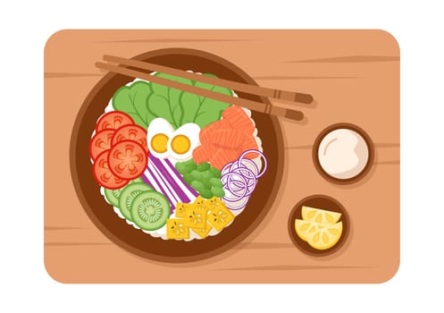 Hawaiian Dish Poke Bowl Food Template Hand Drawn Cartoon Flat Illustration with Rice, Tuna, Fresh Fish, Egg and Vegetables Design
