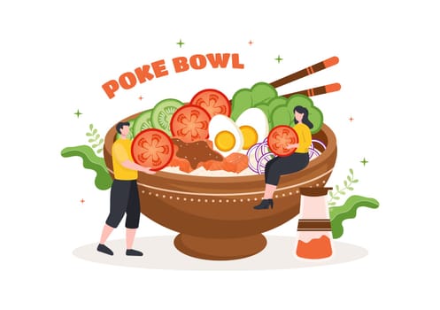 Hawaiian Dish Poke Bowl Food Template Hand Drawn Cartoon Flat Illustration with Rice, Tuna, Fresh Fish, Egg and Vegetables Design