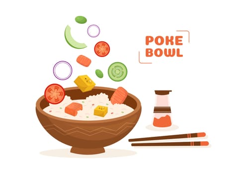 Hawaiian Dish Poke Bowl Food Template Hand Drawn Cartoon Flat Illustration with Rice, Tuna, Fresh Fish, Egg and Vegetables Design