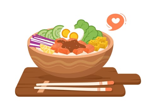 Hawaiian Dish Poke Bowl Food Template Hand Drawn Cartoon Flat Illustration with Rice, Tuna, Fresh Fish, Egg and Vegetables Design
