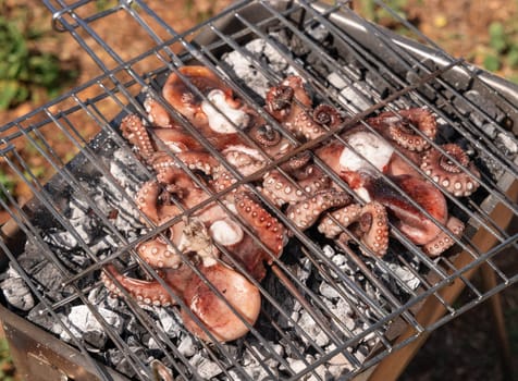 Fresh octopuses on the charcoal grill, Italy. Traditional Mediterranean cuisine. Grilling seafood outdoor with friends during summer time. Rustic style grilled octopus bbq