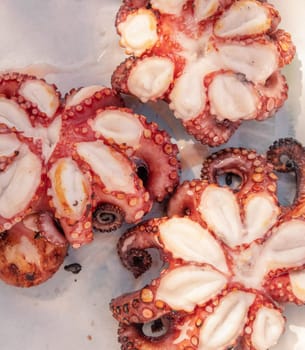 Freshly grilled octopused on a plate outdoor top view, Italy. Traditional Mediterranean cuisine. Eating seafood outdoor during summer time. Rustic style grilled octopuses bbq