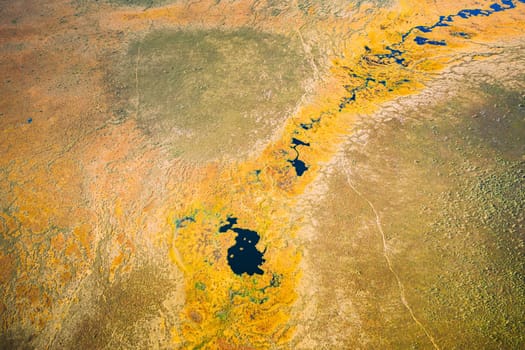 Miory District, Vitebsk Region, Belarus. The Yelnya Swamp. Upland And Transitional Bogs With Numerous Lakes. Elevated Aerial View Of Yelnya Nature Reserve Landscape. Famous Natural Landmark.