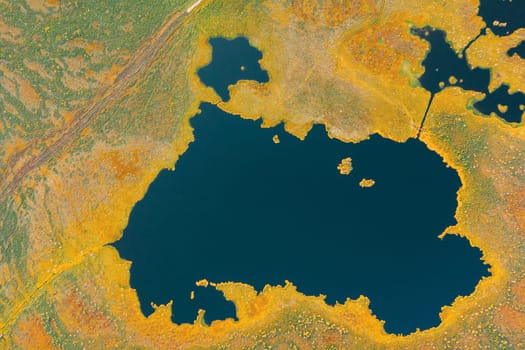 Miory District, Vitebsk Region, Belarus. The Yelnya Swamp. Upland And Transitional Bogs With Numerous Lakes. Elevated Aerial View Of Yelnya Nature Reserve Landscape. Famous Natural Landmark.