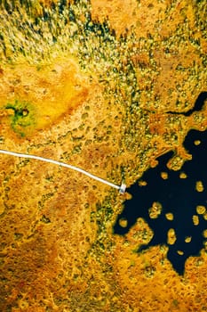 Miory District, Vitebsk Region, Belarus. The Yelnya Swamp. Aerial View Of Yelnya Nature Reserve Landscape. Narrow Wooden Hiking Trail Winding Through Marsh. Cognitive Boardwalk Trail Over A Wetland.