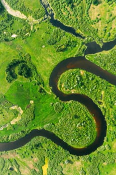 Aerial View Of Summer Curved River Landscape In Sunny Summer Day. Top View Of Beautiful European Nature From High Attitude In Summer Season. Drone View. Bird's Eye View