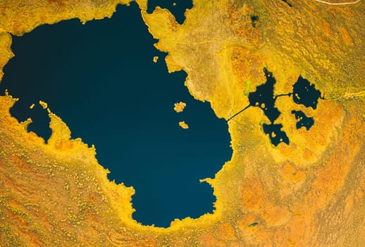 Miory District, Vitebsk Region, Belarus. The Yelnya Swamp. Upland And Transitional Bogs With Numerous Lakes. Elevated Aerial View Of Yelnya Nature Reserve Landscape. Famous Natural Landmark.