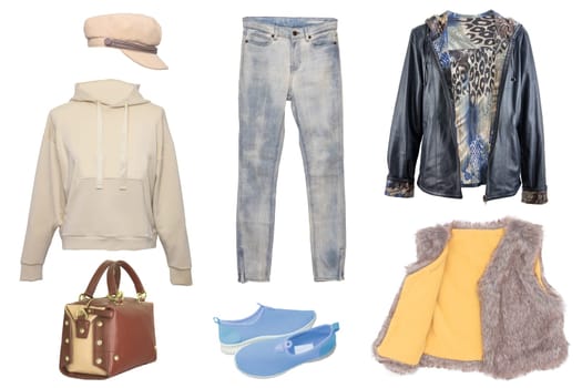 Collage woman clothes. Set of stylish and trendy women jacket, blouse or shirt, shoes, bag and accessories isolated on a white background. Latest fashion trends.