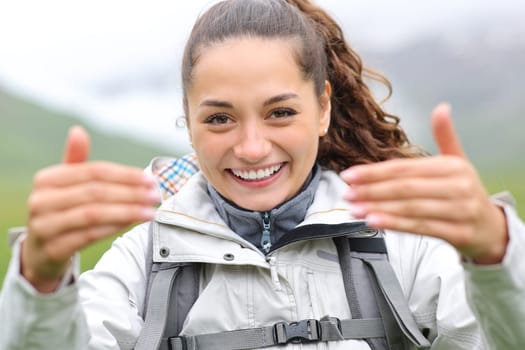 Front view portrait of a happy hiker inviting you saying come here with her hands