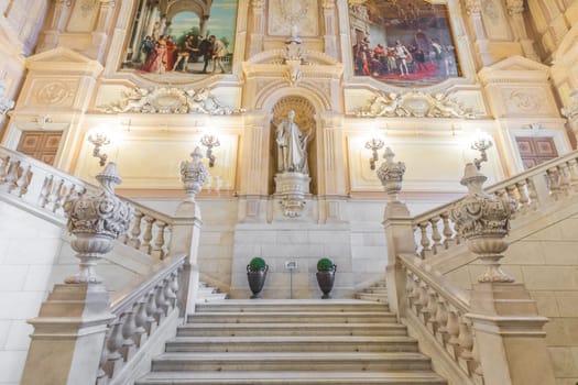 Turin, Italy - Circa January 2022: Royal Palace entrance - luxury elegant marble stairway