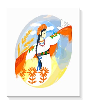 Patriotic Ukrainian poster. Ukrainian girl in a wreath.