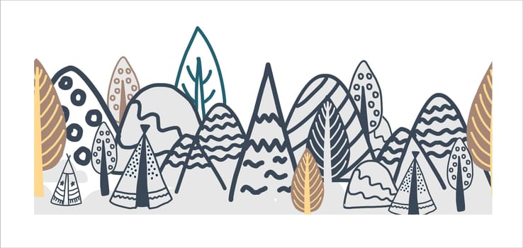 The border is demonic in the northern style. Scandinavian winter forest. Fairy forest seamless. Ribbon and textile decor.